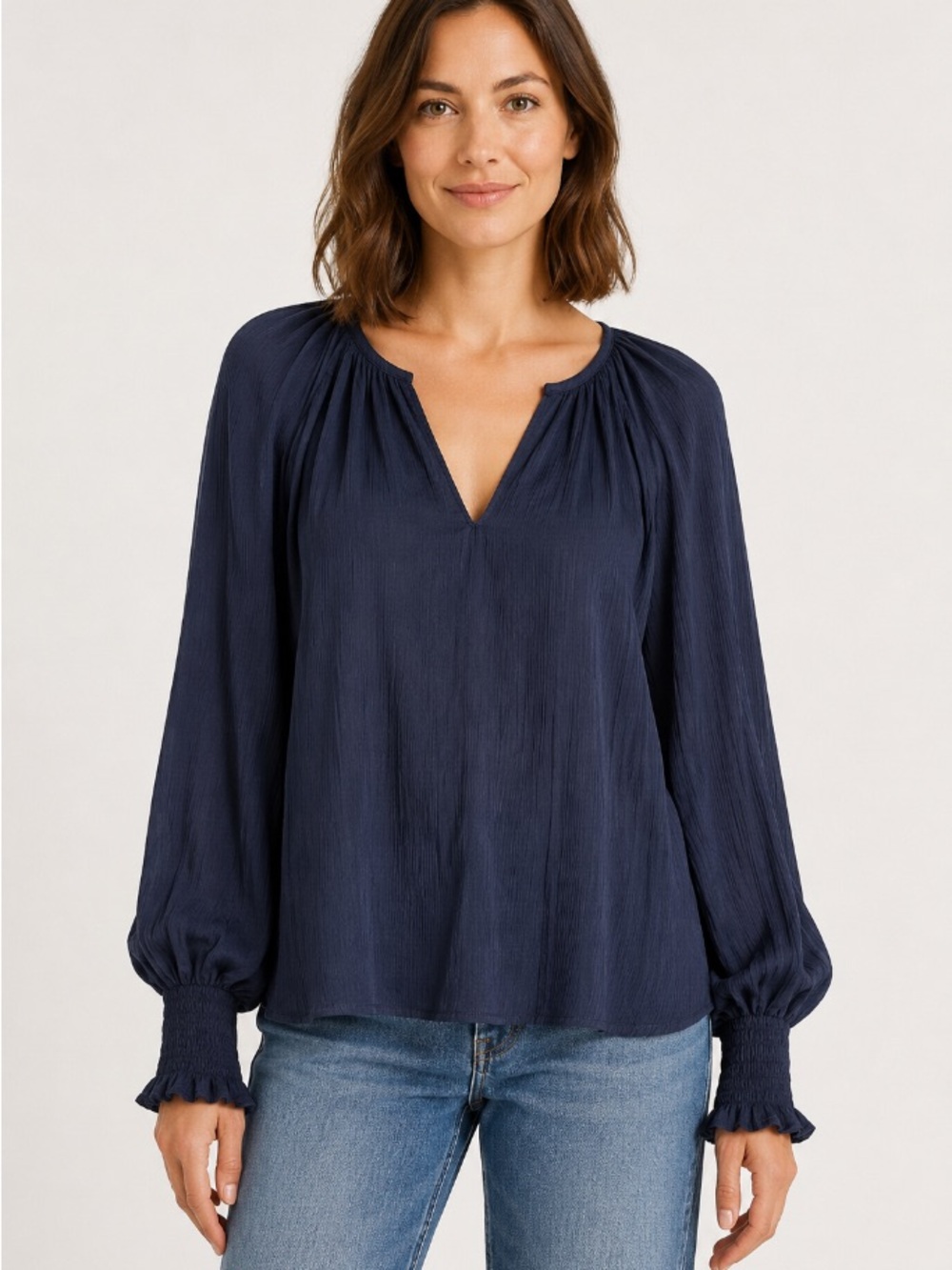 Velvet by Graham & Spencer Navy V-Neck Long-Sleeve Peasant Blouse